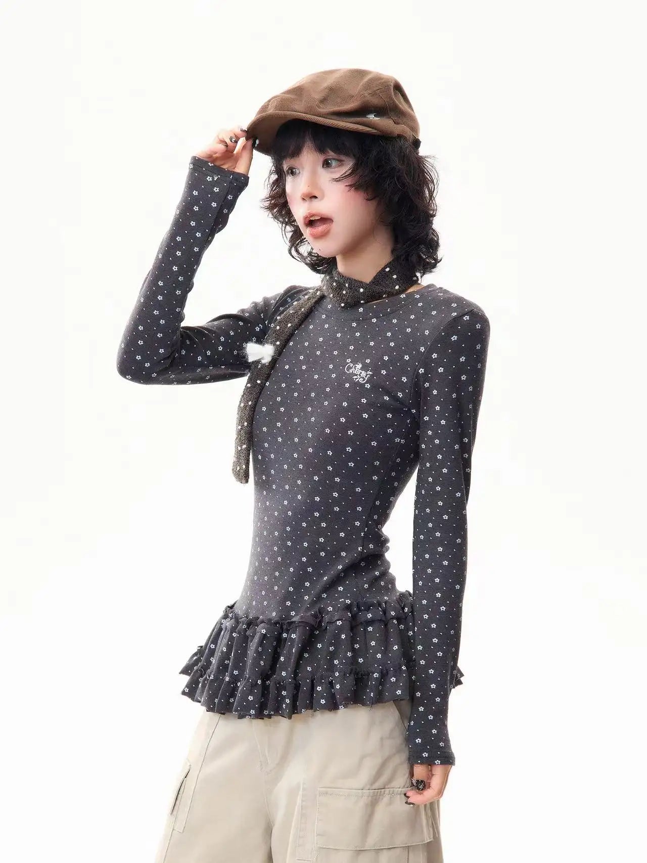 Floral Print Ruffled Hem Fitted Long Sleeve Top   OL2030