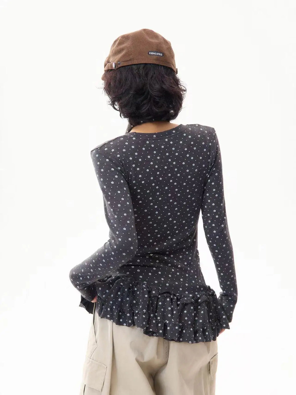 Floral Print Ruffled Hem Fitted Long Sleeve Top   OL2030