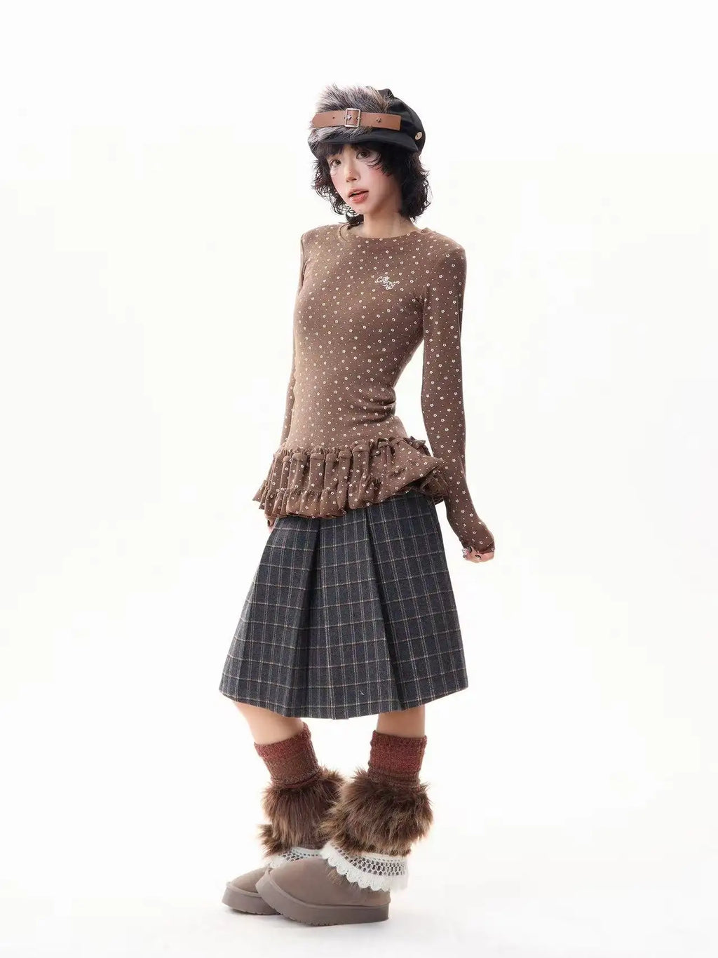 Floral Print Ruffled Hem Fitted Long Sleeve Top   OL2030