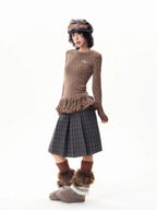 Floral Print Ruffled Hem Fitted Long Sleeve Top   OL2030