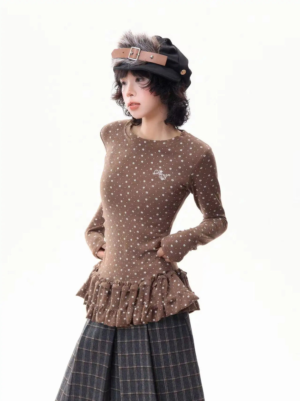 Floral Print Ruffled Hem Fitted Long Sleeve Top   OL2030