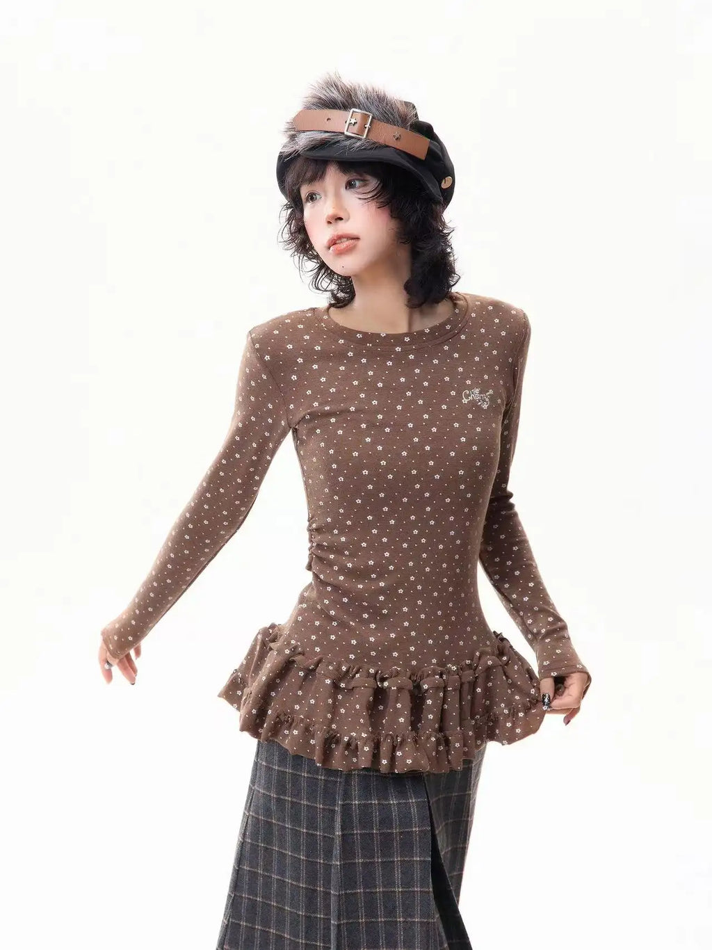 Floral Print Ruffled Hem Fitted Long Sleeve Top   OL2030