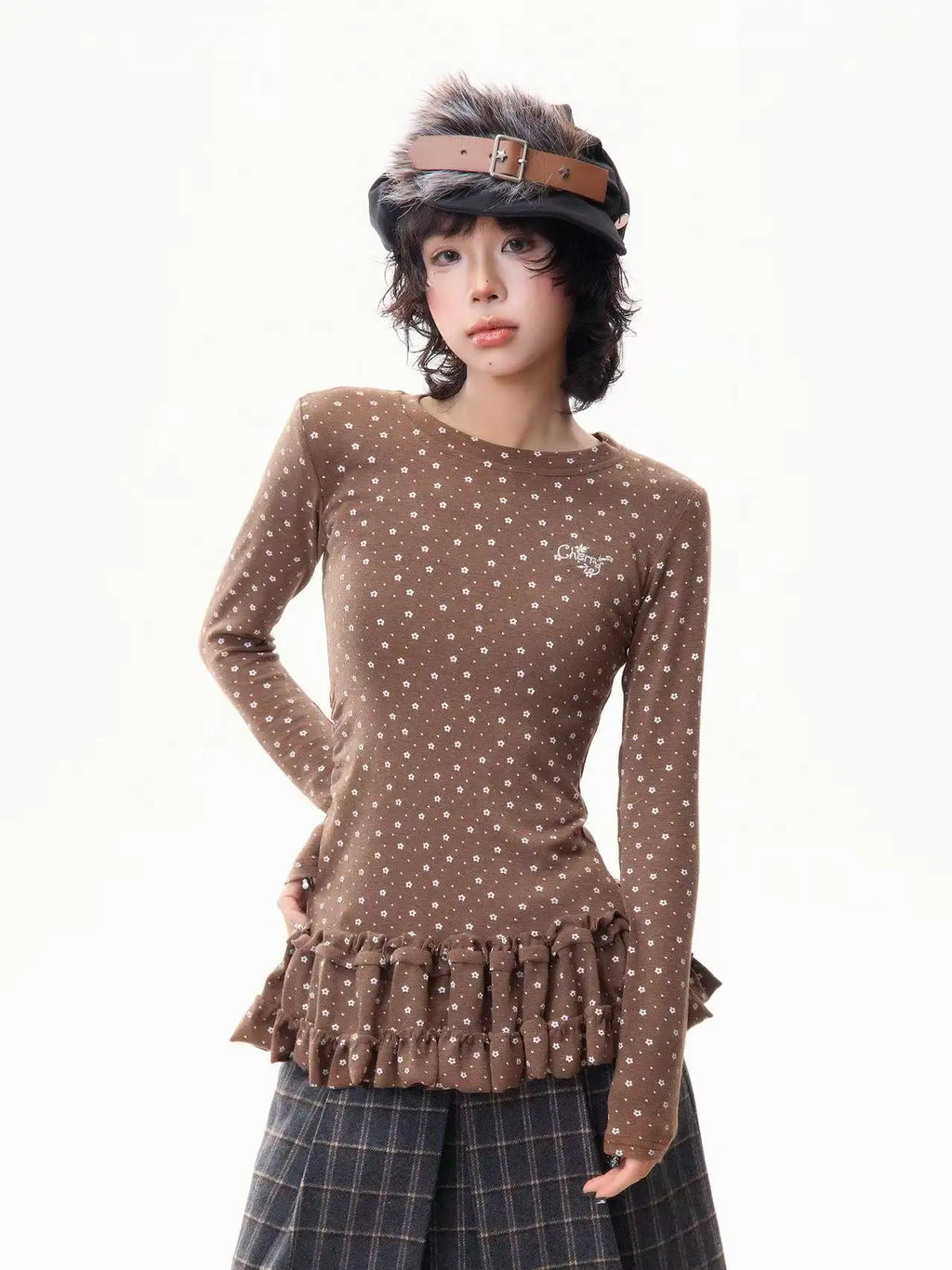 Floral Print Ruffled Hem Fitted Long Sleeve Top   OL2030