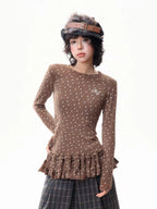 Floral Print Ruffled Hem Fitted Long Sleeve Top   OL2030