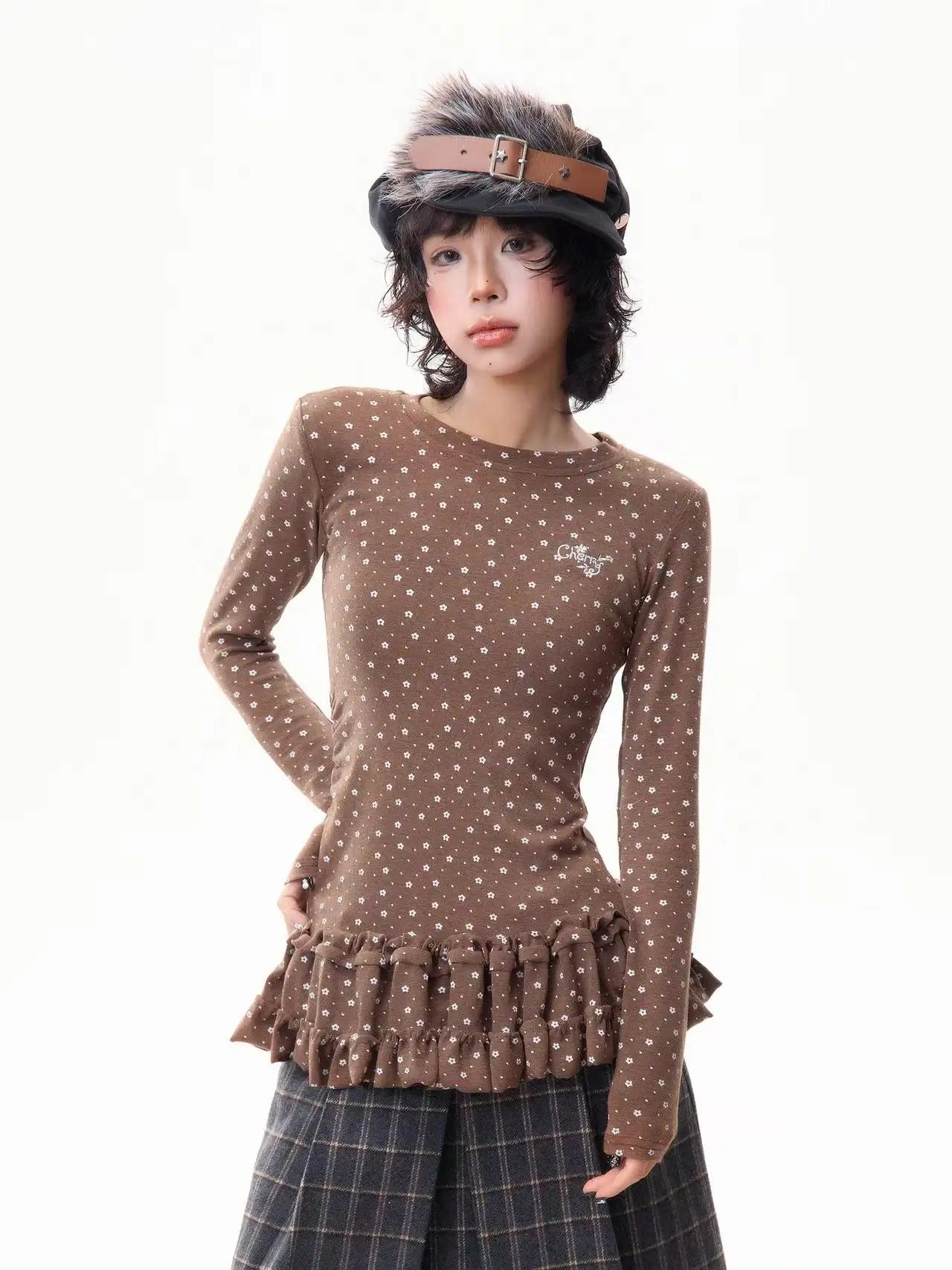 Floral Print Ruffled Hem Fitted Long Sleeve Top   OL2030