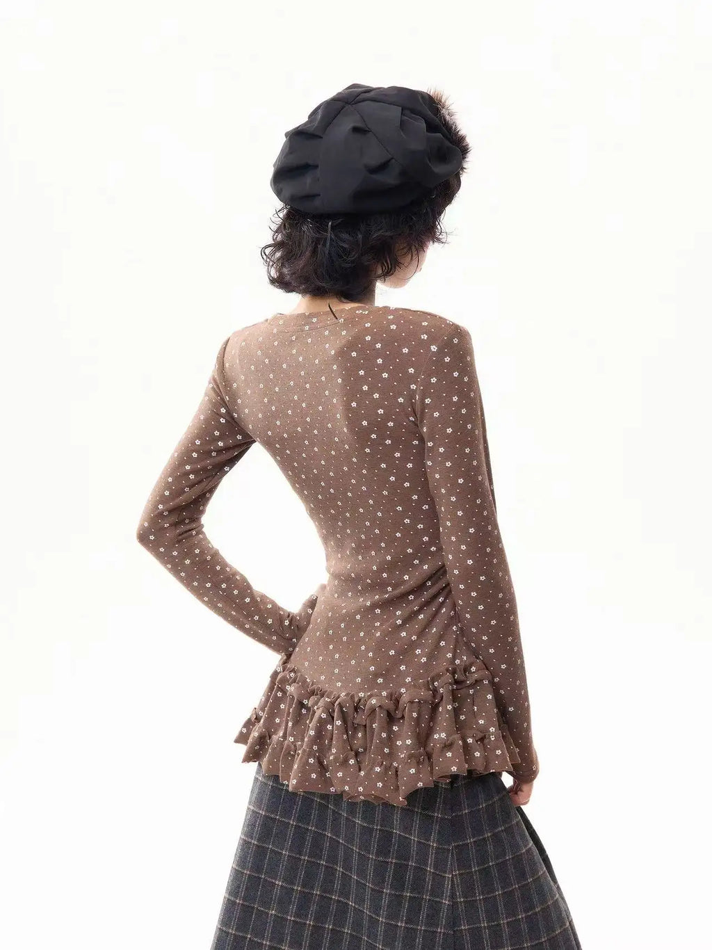 Floral Print Ruffled Hem Fitted Long Sleeve Top   OL2030