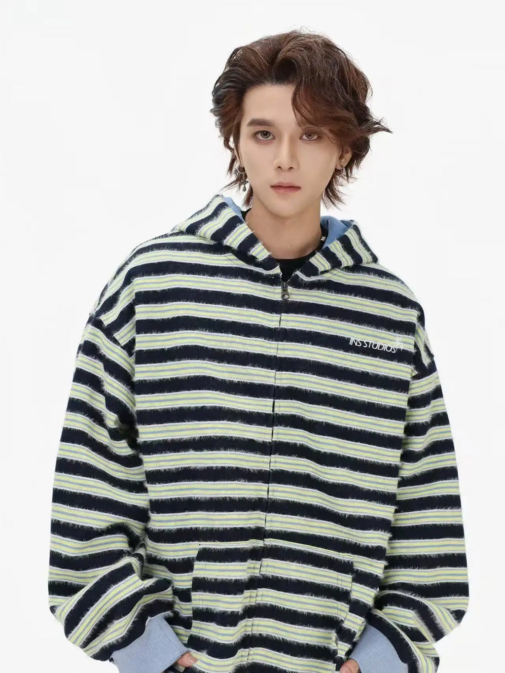 Fringe Texture Striped Zip Up Hoodie   OL2031