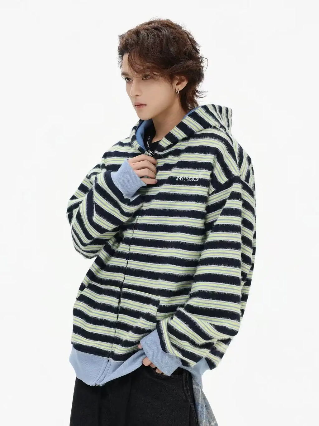 Fringe Texture Striped Zip Up Hoodie   OL2031
