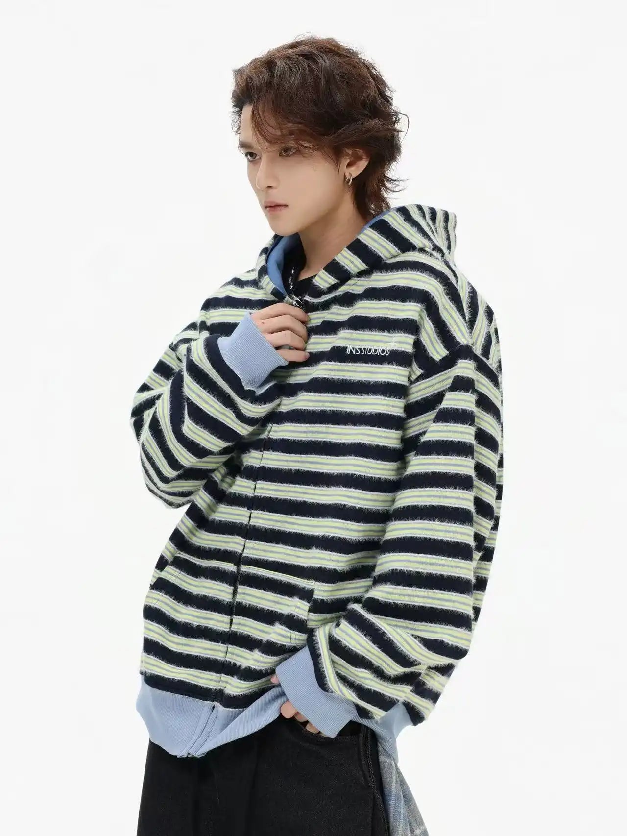 Fringe Texture Striped Zip Up Hoodie   OL2031