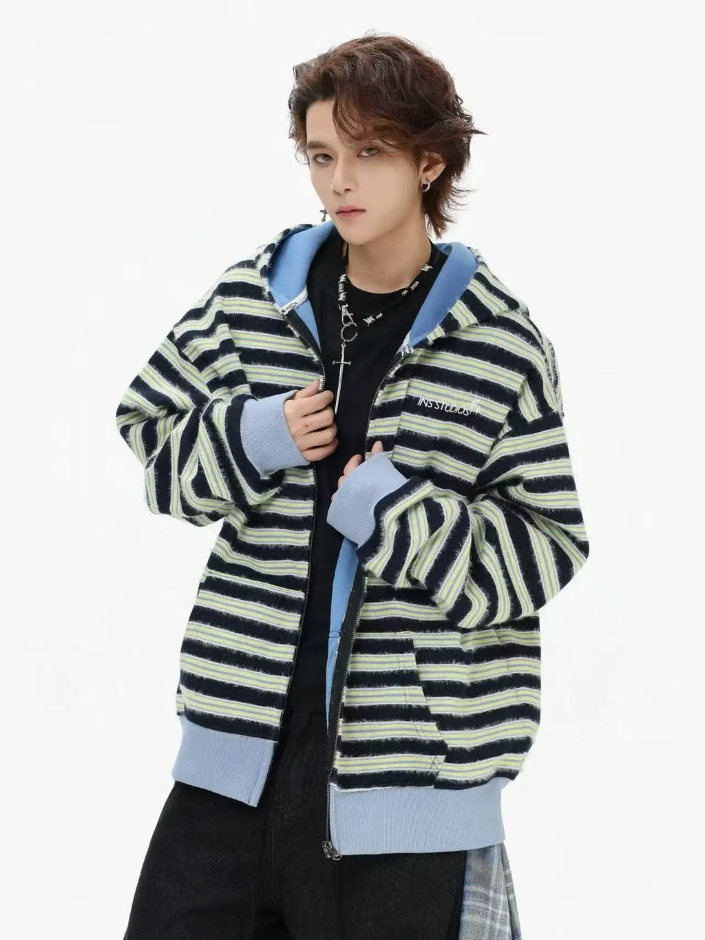 Fringe Texture Striped Zip Up Hoodie   OL2031