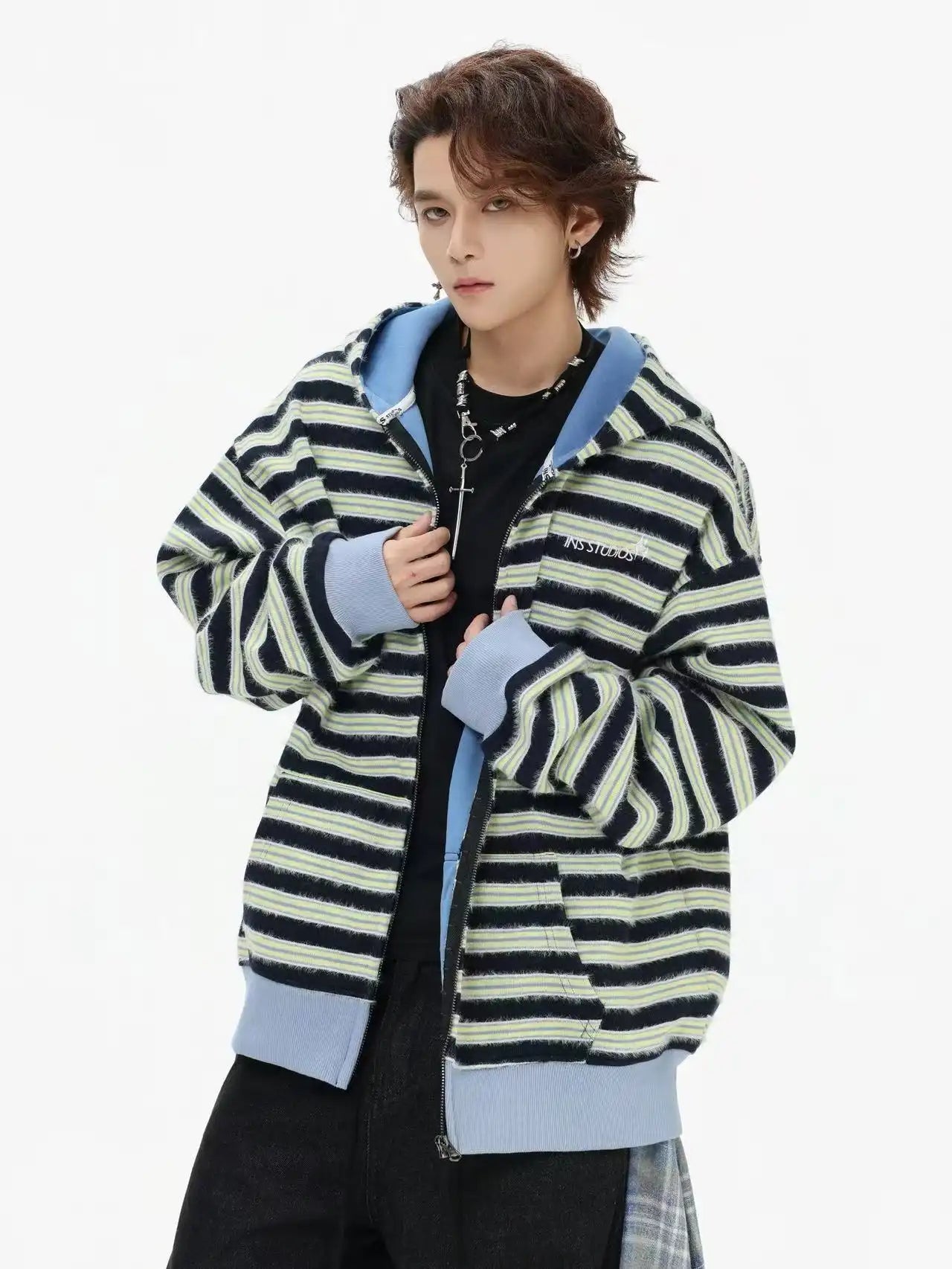 Fringe Texture Striped Zip Up Hoodie   OL2031