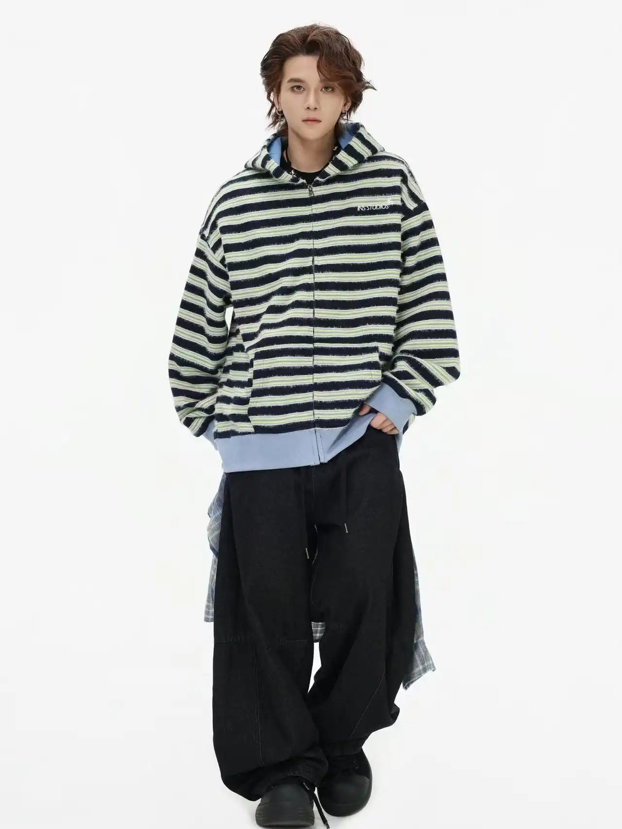 Fringe Texture Striped Zip Up Hoodie   OL2031