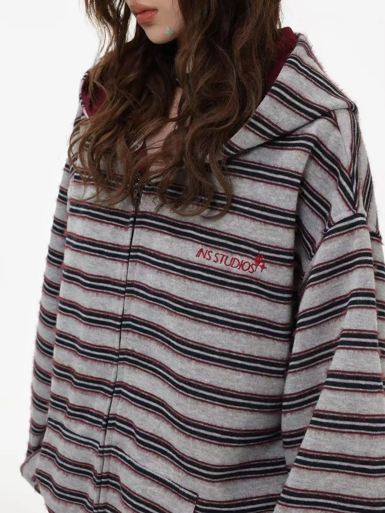 Fringe Texture Striped Zip Up Hoodie   OL2031