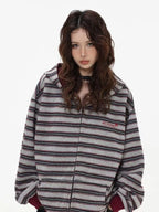 Fringe Texture Striped Zip Up Hoodie   OL2031