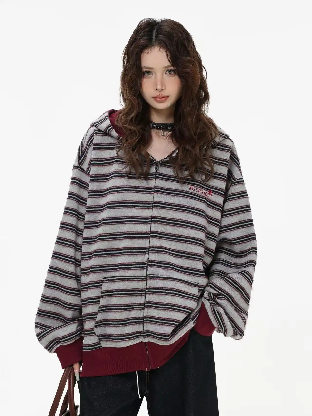 Fringe Texture Striped Zip Up Hoodie   OL2031