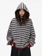 Fringe Texture Striped Zip Up Hoodie   OL2031