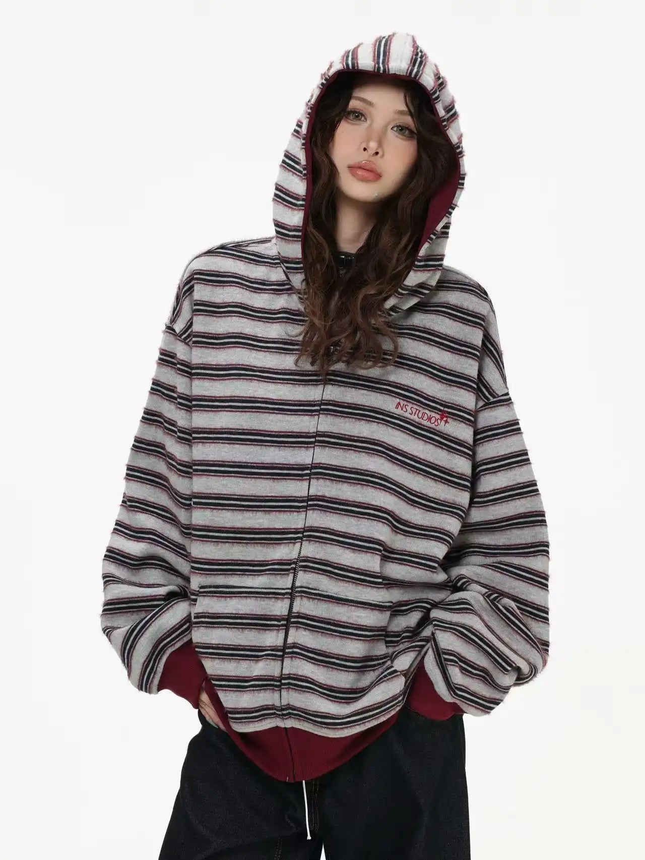 Fringe Texture Striped Zip Up Hoodie   OL2031