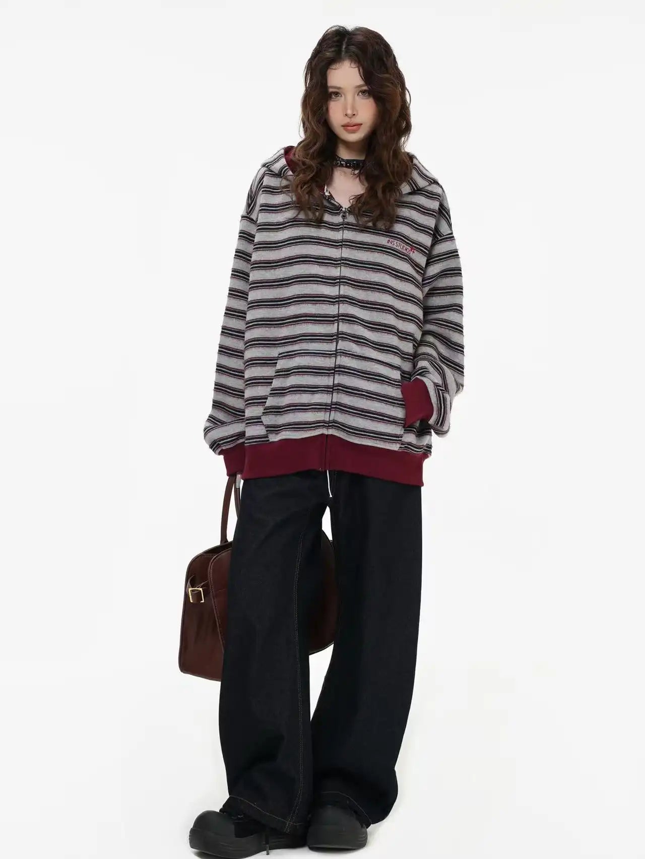 Fringe Texture Striped Zip Up Hoodie   OL2031