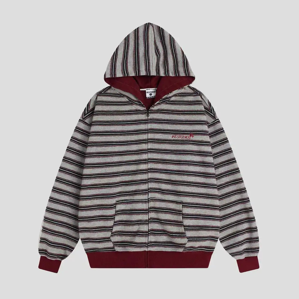 Fringe Texture Striped Zip Up Hoodie   OL2031