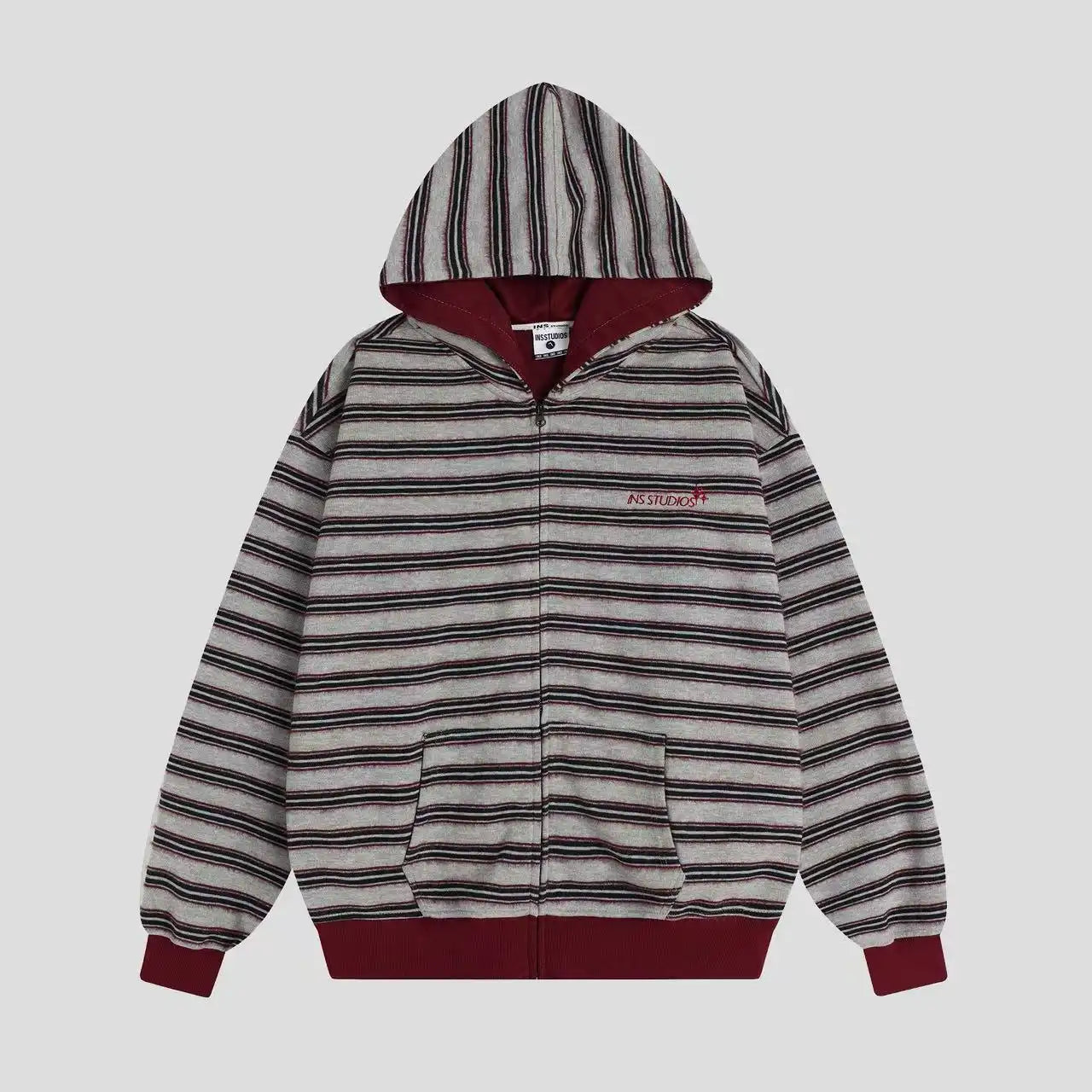 Fringe Texture Striped Zip Up Hoodie   OL2031