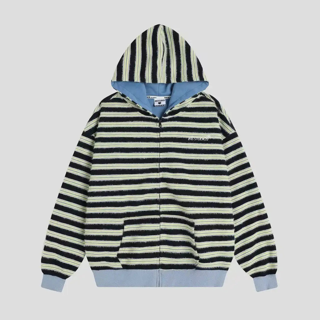 Fringe Texture Striped Zip Up Hoodie   OL2031