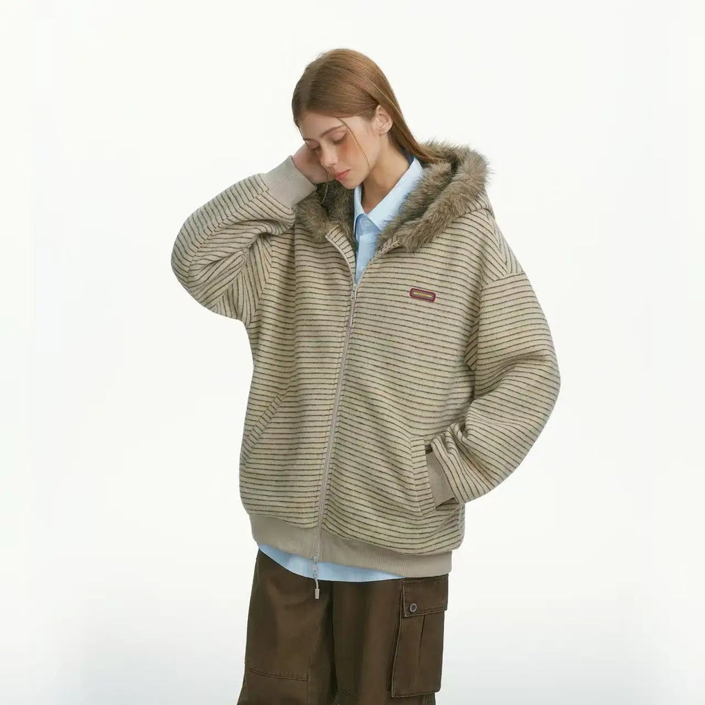 Striped Faux Fur Hood Zip Up Hoodie   OL2033