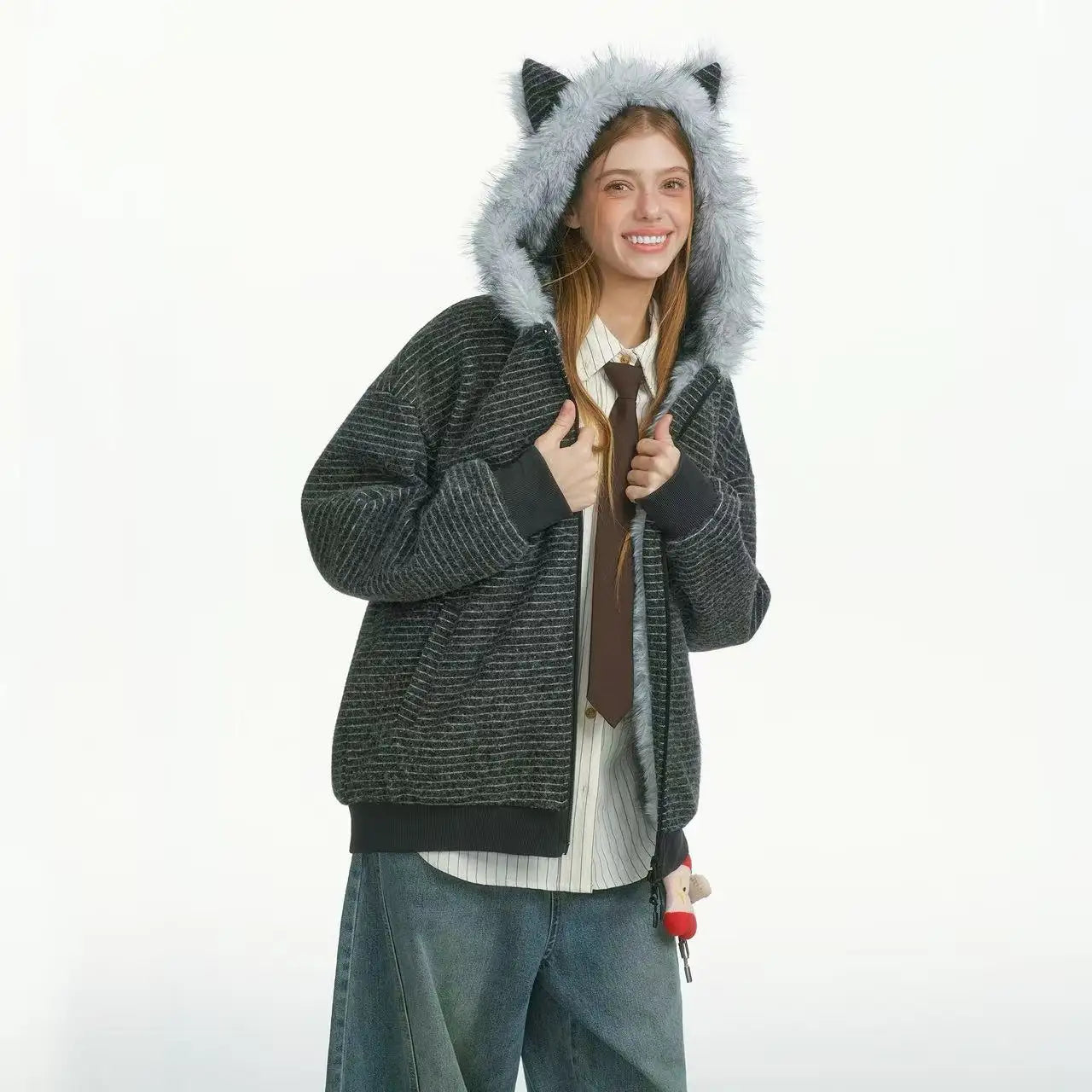 Striped Faux Fur Hood Zip Up Hoodie   OL2033