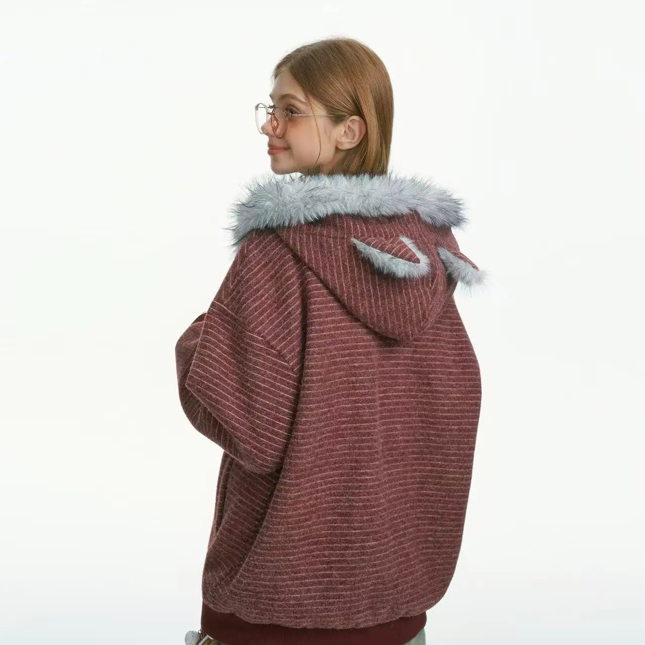 Striped Faux Fur Hood Zip Up Hoodie   OL2033