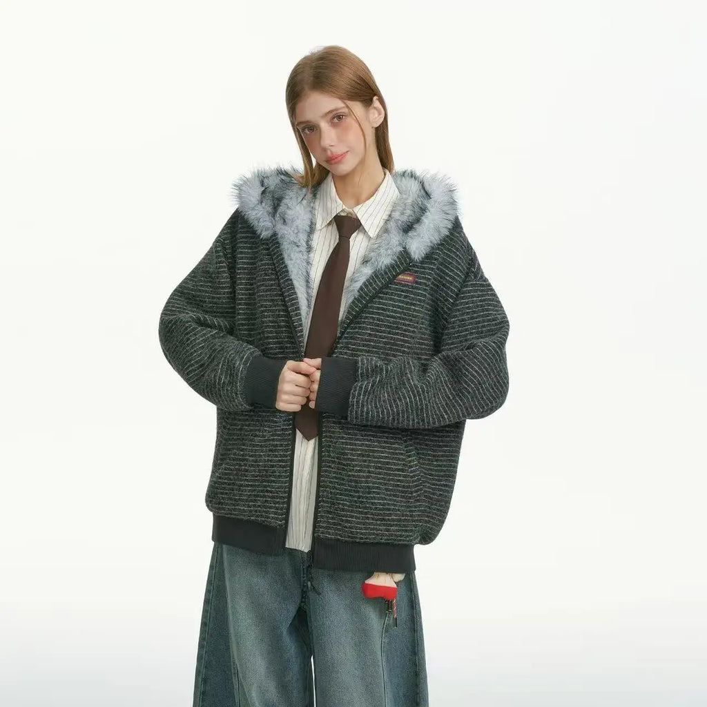 Striped Faux Fur Hood Zip Up Hoodie   OL2033