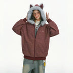 Striped Faux Fur Hood Zip Up Hoodie   OL2033