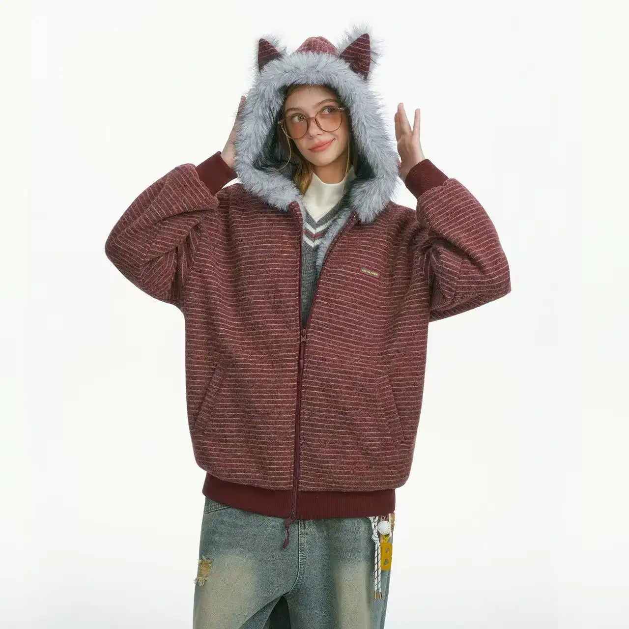 Striped Faux Fur Hood Zip Up Hoodie   OL2033