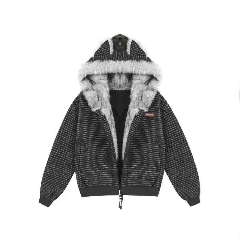 Striped Faux Fur Hood Zip Up Hoodie   OL2033