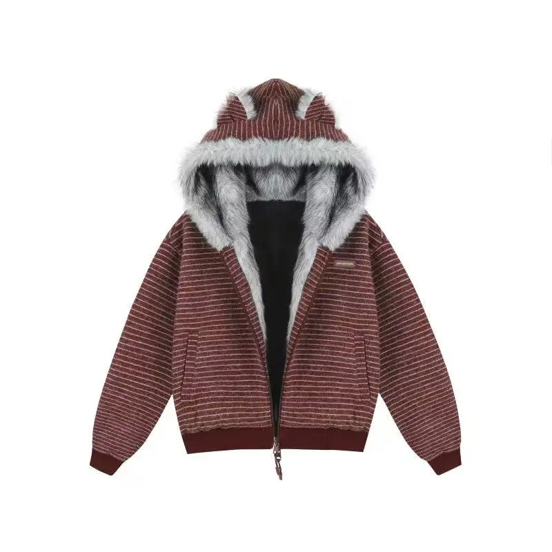 Striped Faux Fur Hood Zip Up Hoodie   OL2033