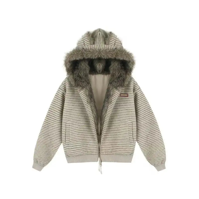 Striped Faux Fur Hood Zip Up Hoodie   OL2033