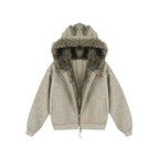 Striped Faux Fur Hood Zip Up Hoodie   OL2033