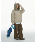 Striped Faux Fur Hood Zip Up Hoodie   OL2033