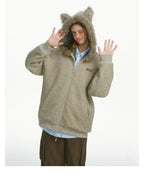 Striped Faux Fur Hood Zip Up Hoodie   OL2033