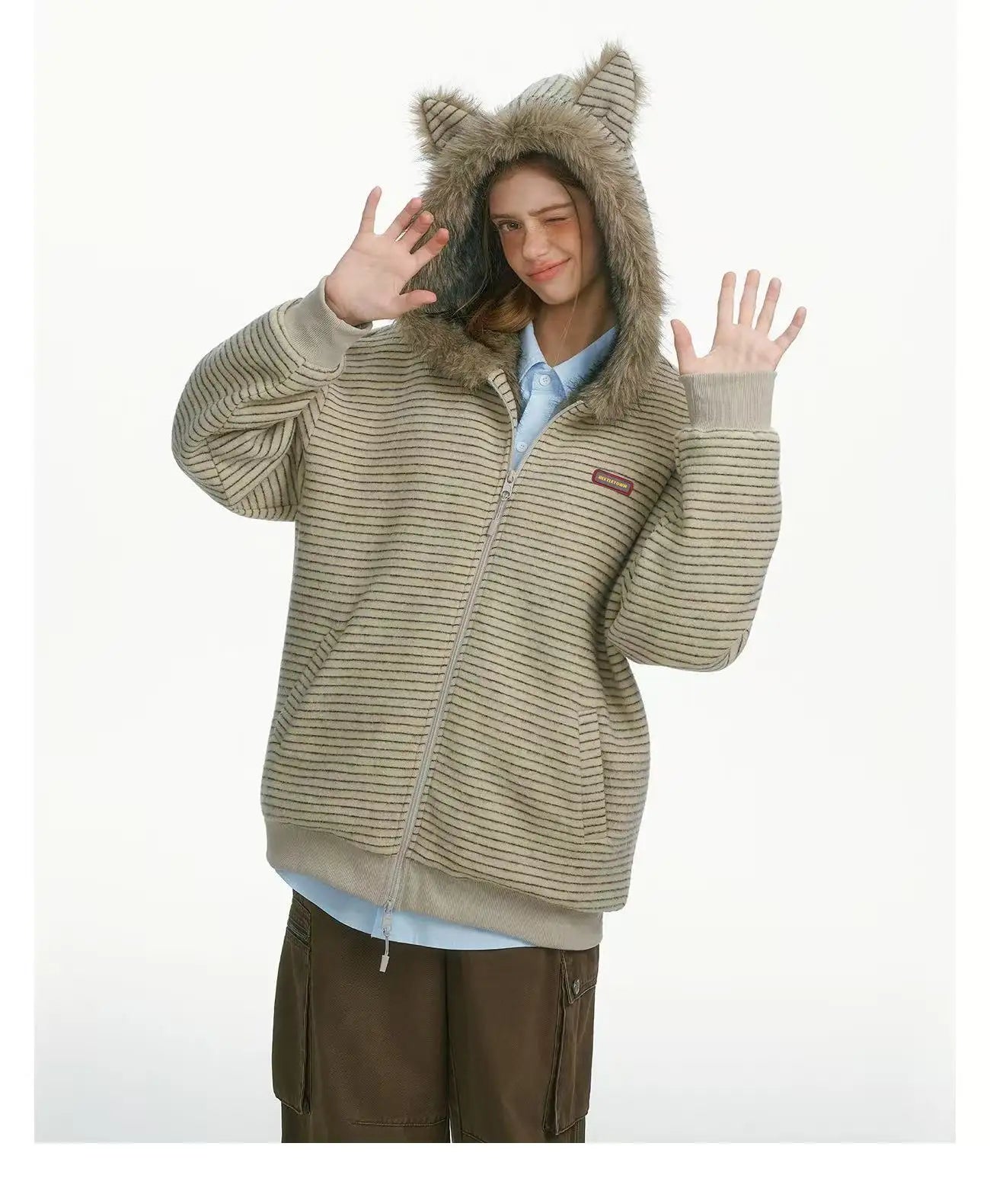 Striped Faux Fur Hood Zip Up Hoodie   OL2033