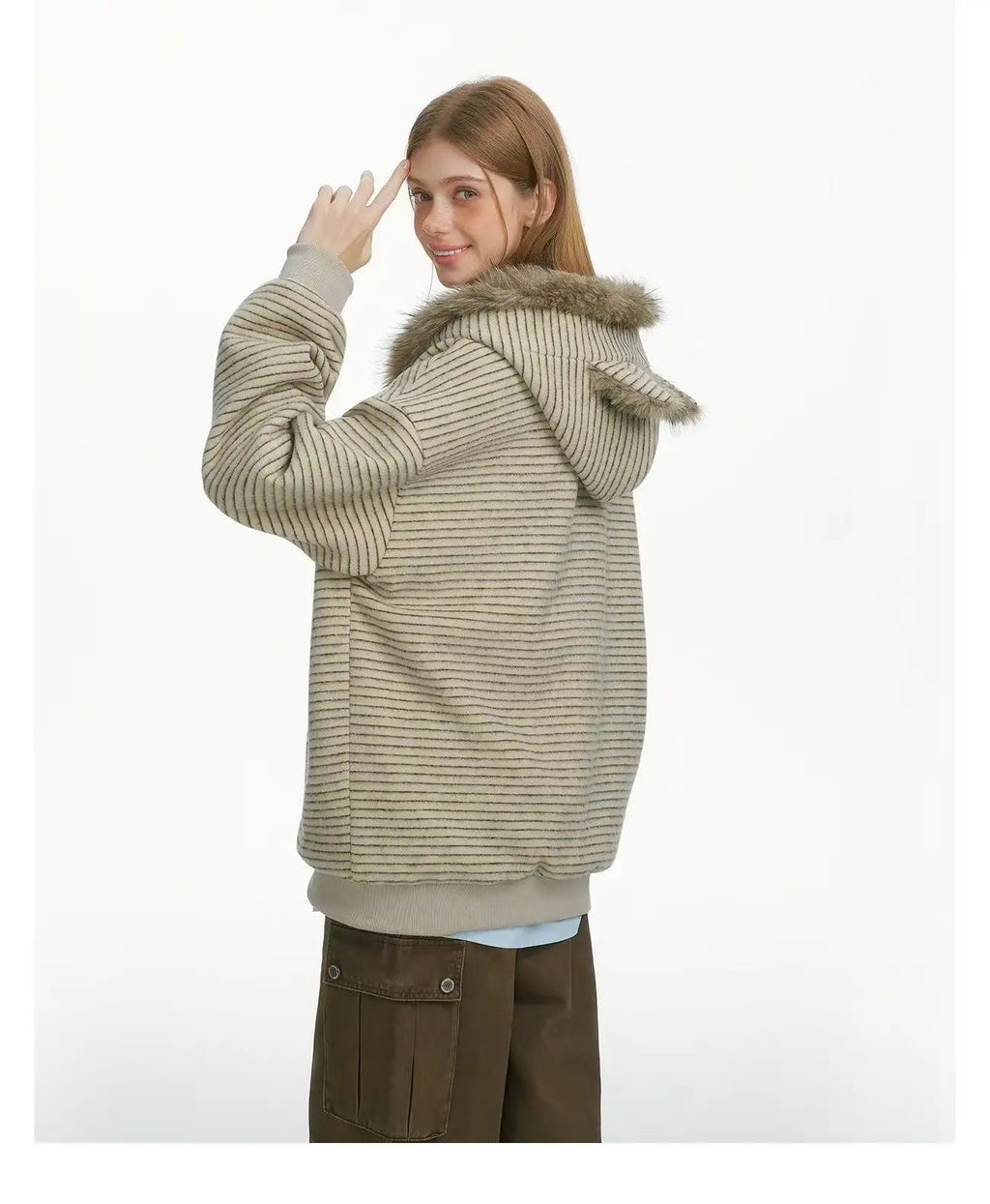 Striped Faux Fur Hood Zip Up Hoodie   OL2033