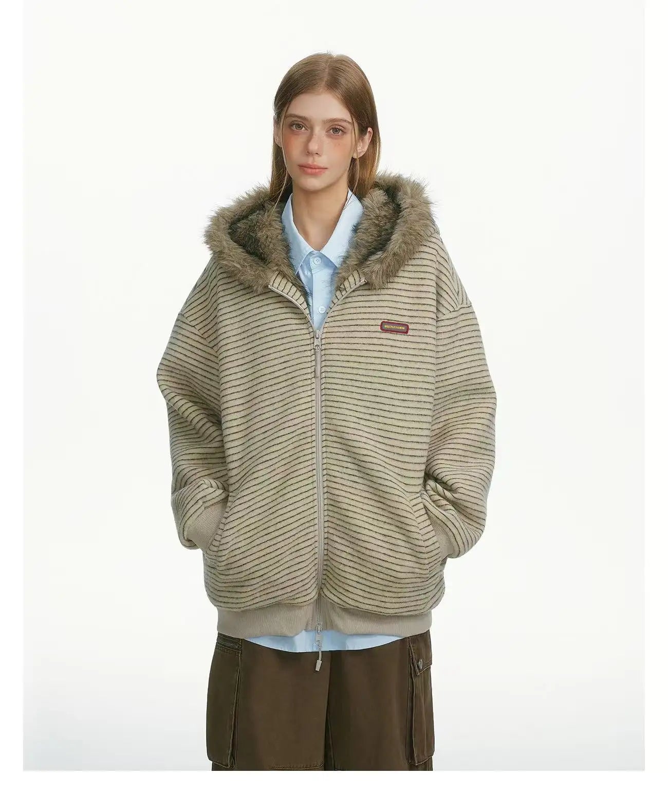 Striped Faux Fur Hood Zip Up Hoodie   OL2033