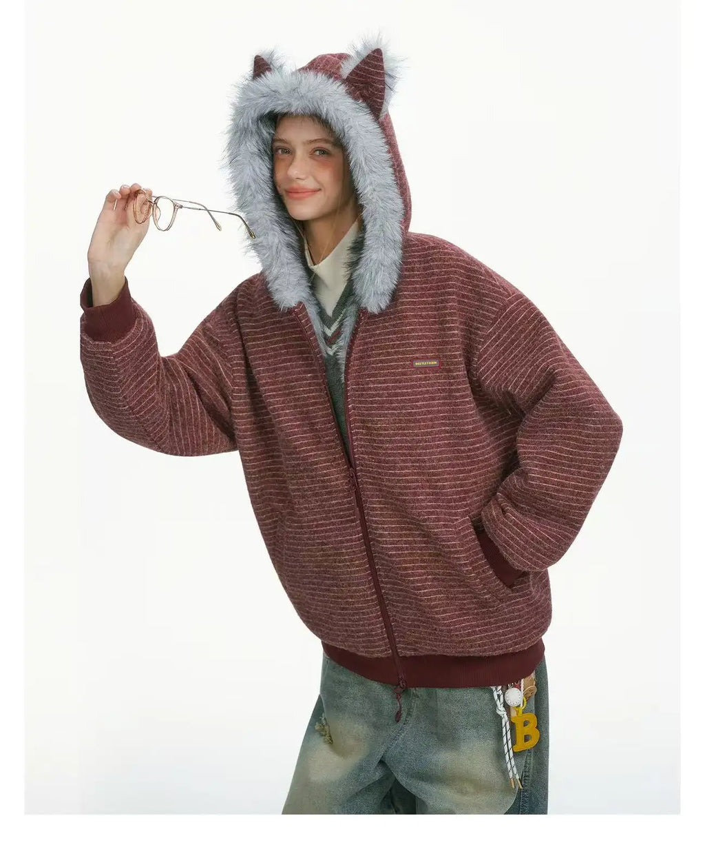 Striped Faux Fur Hood Zip Up Hoodie   OL2033