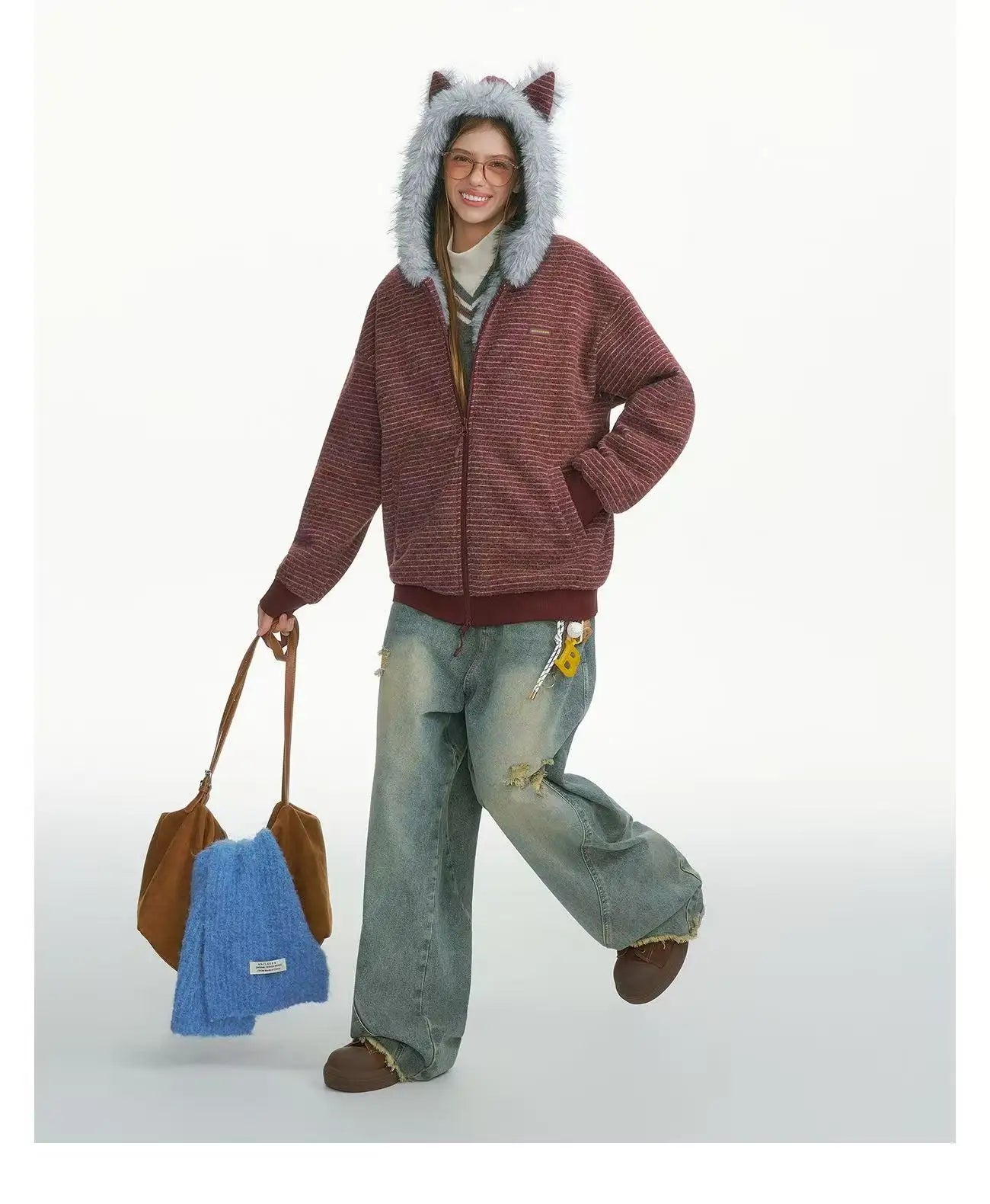 Striped Faux Fur Hood Zip Up Hoodie   OL2033