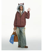 Striped Faux Fur Hood Zip Up Hoodie   OL2033