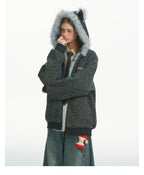 Striped Faux Fur Hood Zip Up Hoodie   OL2033