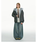 Striped Faux Fur Hood Zip Up Hoodie   OL2033