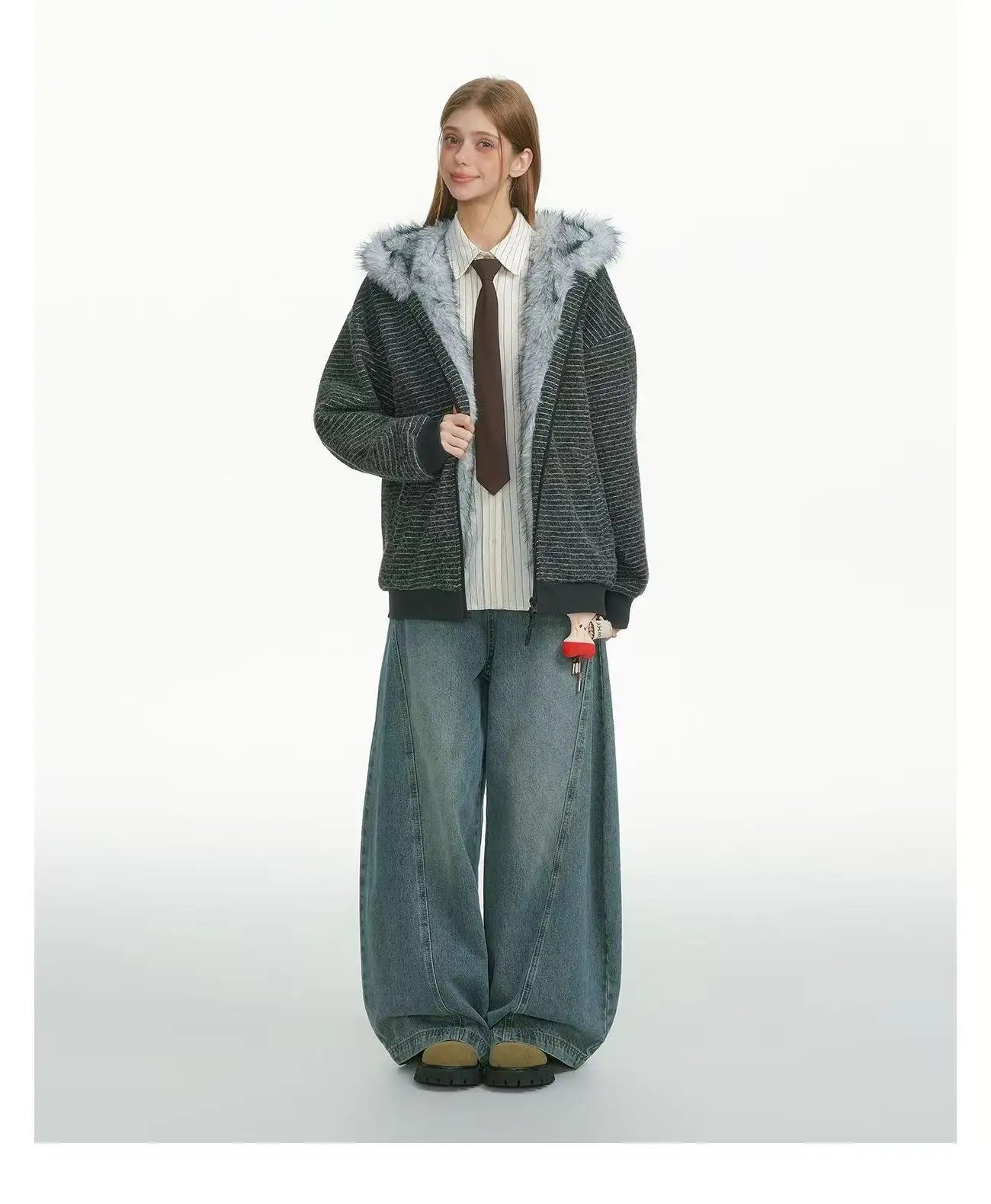 Striped Faux Fur Hood Zip Up Hoodie   OL2033