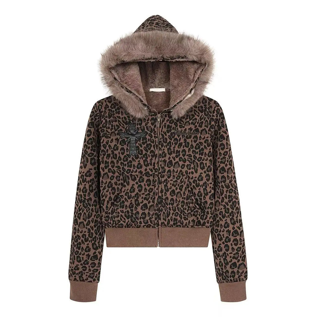 Leopard Print Faux Fur Hood Zip Cardigan   OL2034