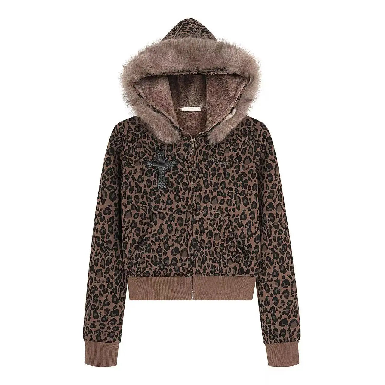 Leopard Print Faux Fur Hood Zip Cardigan   OL2034
