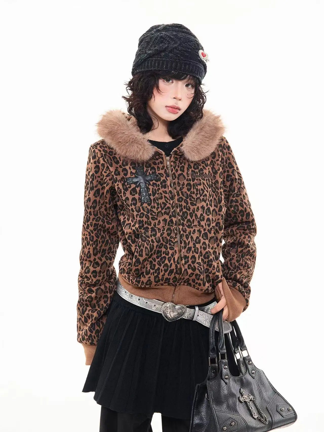 Leopard Print Faux Fur Hood Zip Cardigan   OL2034