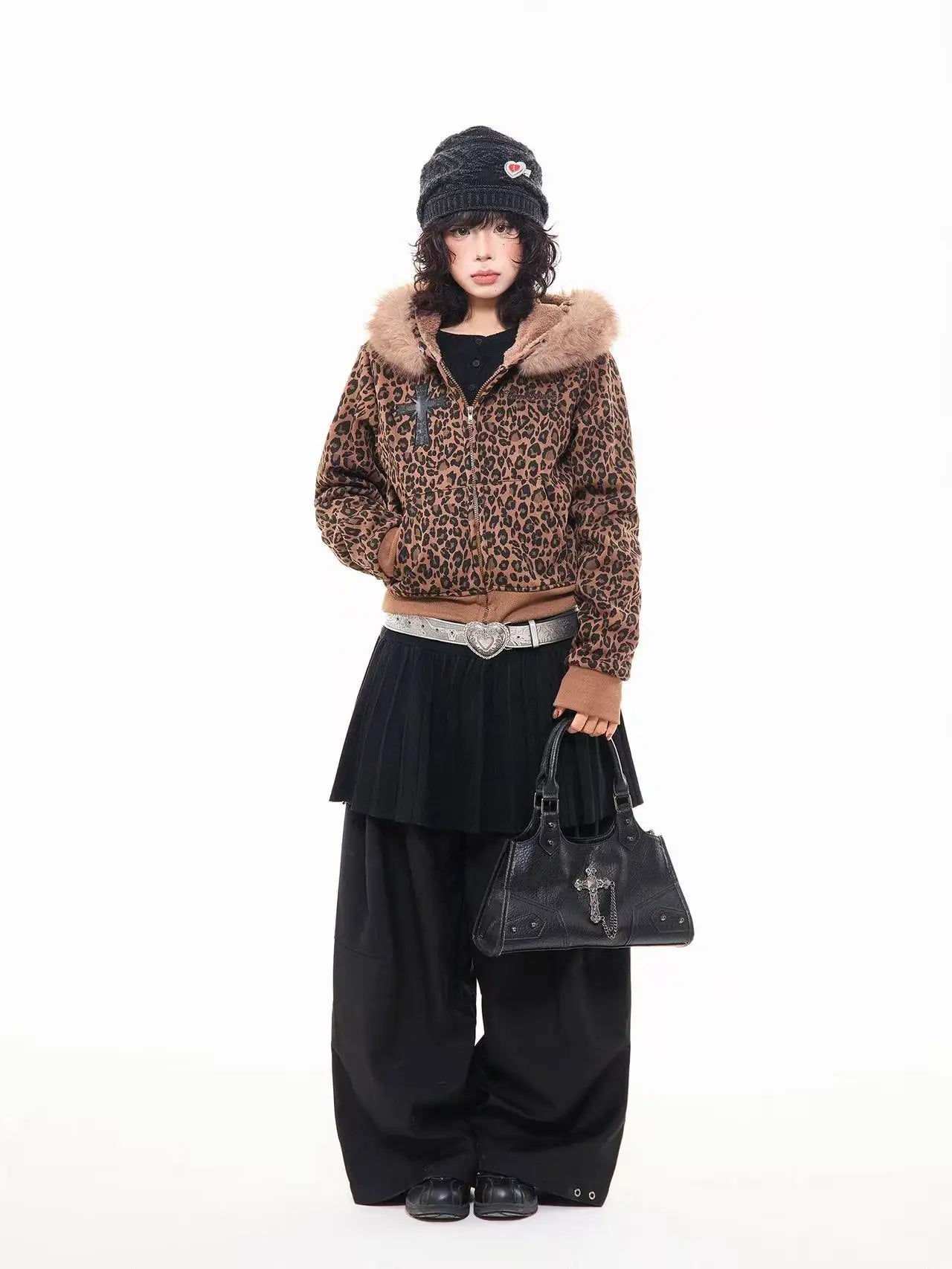 Leopard Print Faux Fur Hood Zip Cardigan   OL2034